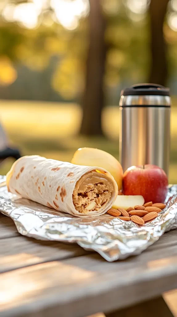 peanut butter and banana wrap with a side of apple