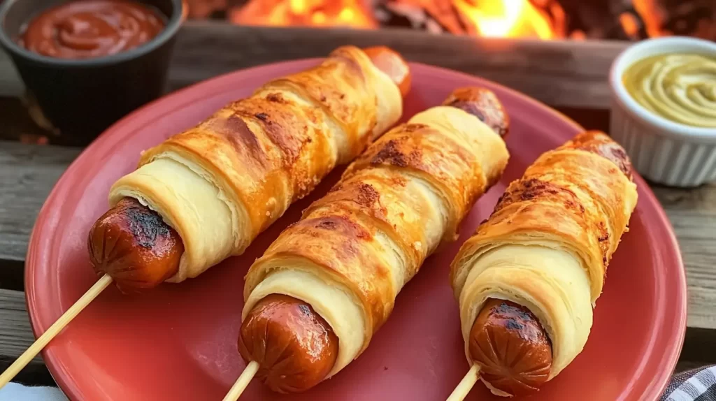 crescent wrapped hot dogs on wooden skewer, camping meals