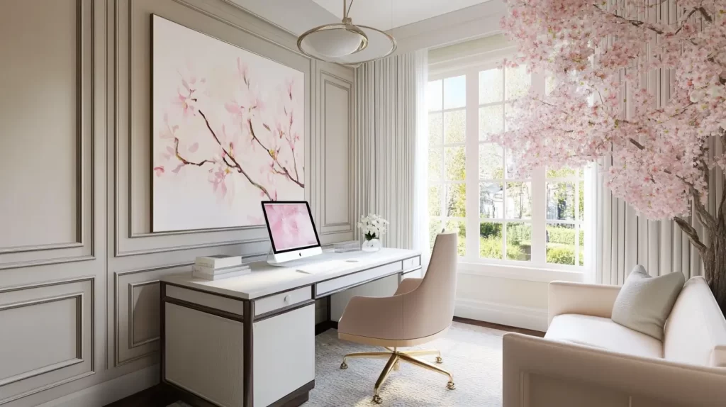 home office design pink  and neutral