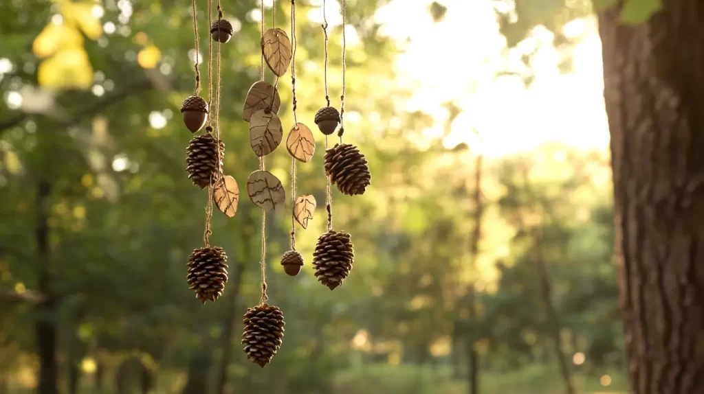 Hyper-realistic photo of a handcrafted wind chime made from natural pinecones, wooden slices, and small acorns, all suspended from a sturdy twisted branch. The pinecones dangle at varying lengths, their rich brown textures contrasting with the smooth, hand-painted wooden slices featuring delicate leaf and bird designs. Acorns add a charming rustic touch, strung together with thin wire for a natural, free-flowing look. The background is a softly blurred woodland setting with dappled sunlight filtering through the trees, and crisp white bright lighting emphasizing the earthy textures and intricate details of the materials.