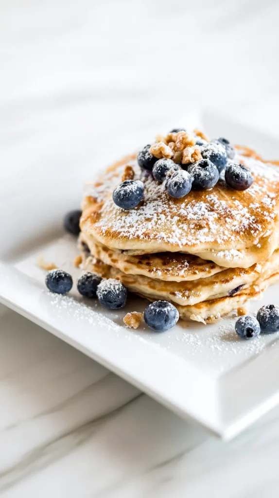 blueberry pancakes, powdered sugar, fresh blueberries