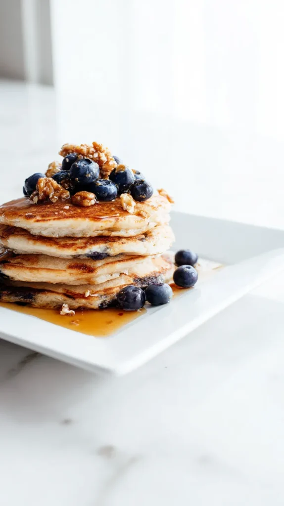 breakfast, blueberry pancake stack, pralines, fresh blueberries