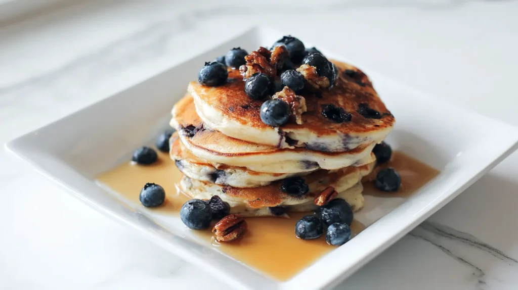 blueberry pancakes with fresh blueberries and syrup and pralines