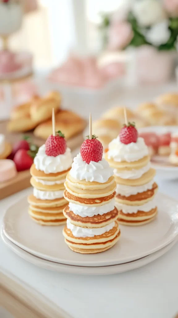 pancake stacks topped with strawberry and cream