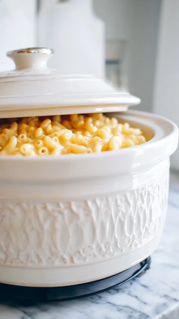 macaroni and cheese in a white serving pot