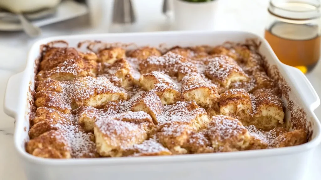 french toast casserole with white powdered sugar topping