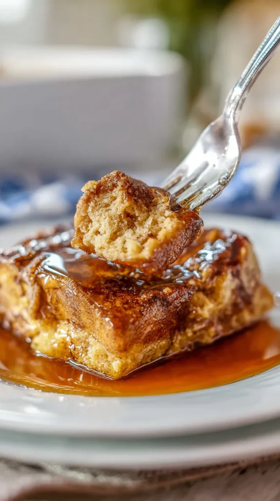 white plate of french toast casserole, golden-brown, bubbly baked dish with a textured, slightly crispy top--often enhanced by a cinnamon-sugar streusel--and a thick, custard-soaked, bread-pudding-like interior, covered in syrup, with a fork picking up one piece of french toast casserole