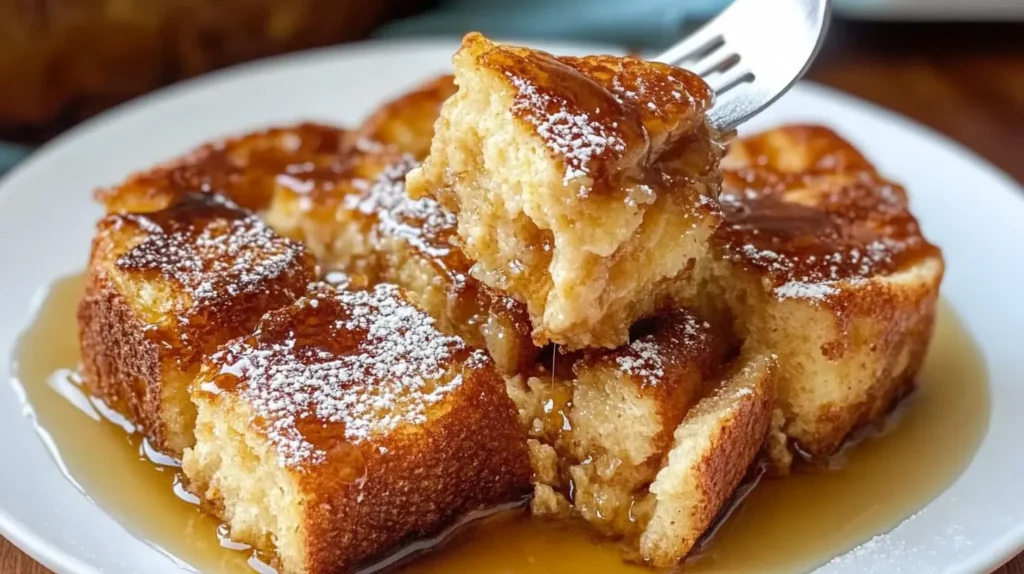 french toast casserole on a plate with a fork and syrup