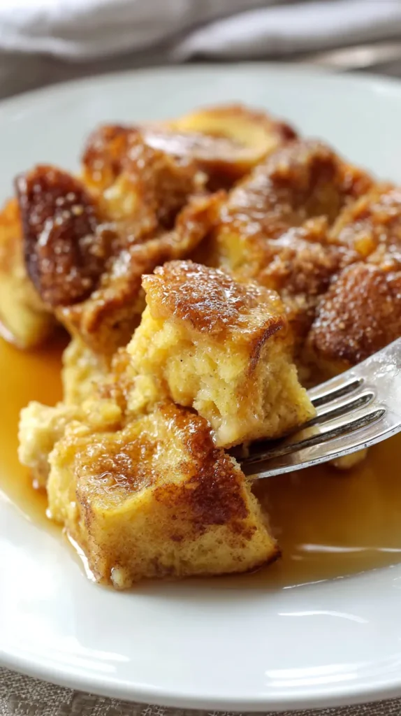 white plate of french toast casserole, golden-brown, bubbly baked dish with a textured, slightly crispy top--often enhanced by a cinnamon-sugar streusel--and a thick, custard-soaked, bread-pudding-like interior, covered in syrup, with a fork picking up one piece of french toast casserole