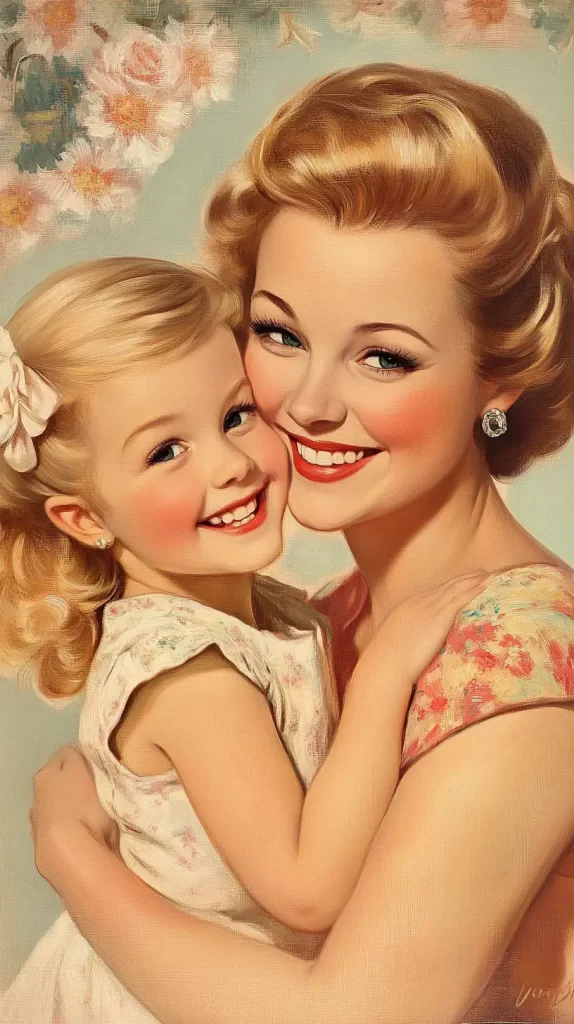 vintage animation of a mother and daughter hugging