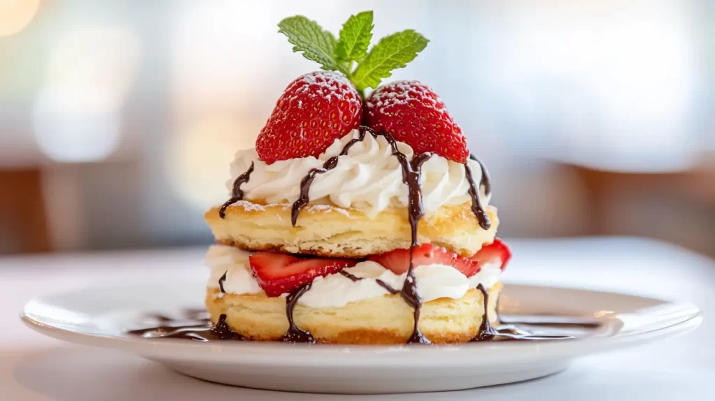 strawberry shortcake with chocolate sauce and mint