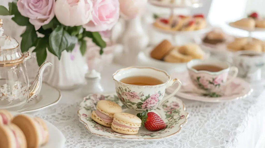 tea cup and saucer with snacks on the side of the saucer, tea party birthday