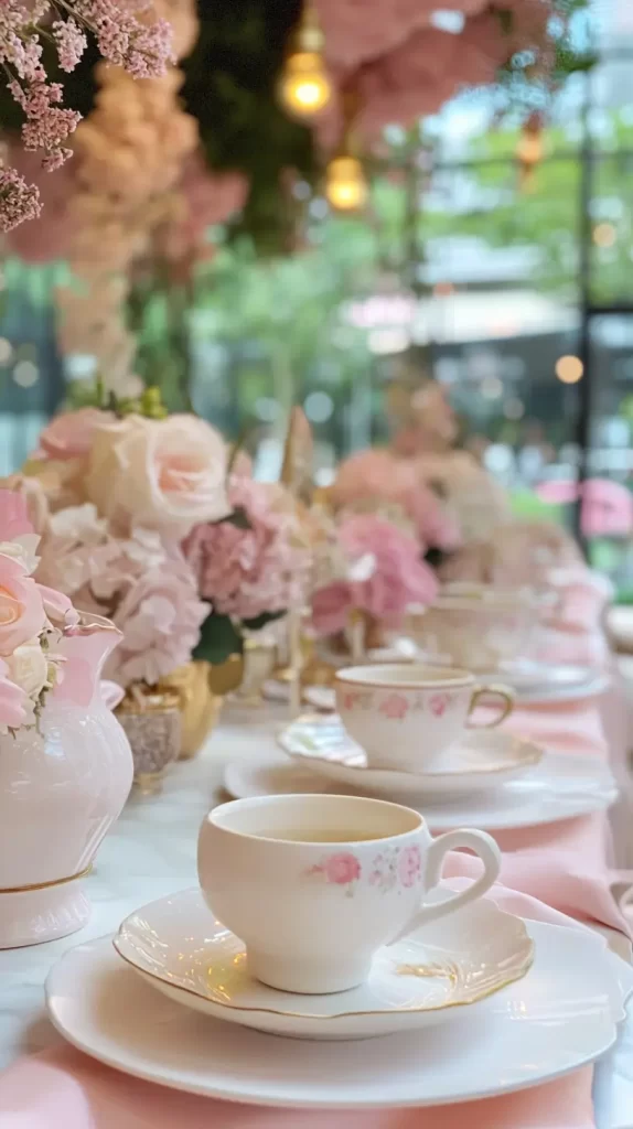 tea party table set up with floral centerpieces and tea cups and saucers