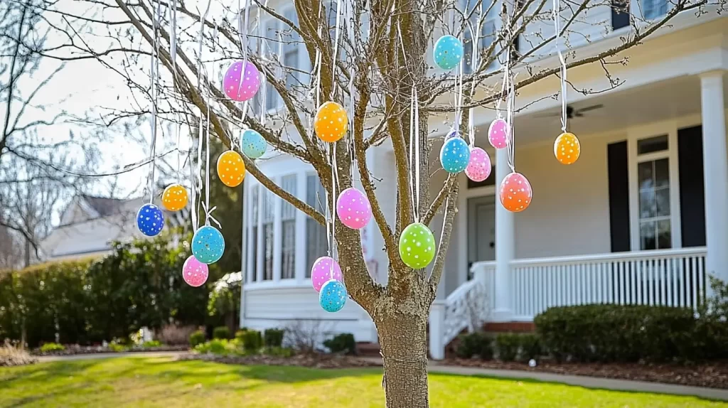 plastic Easter eggs hanging from an outdoor tree