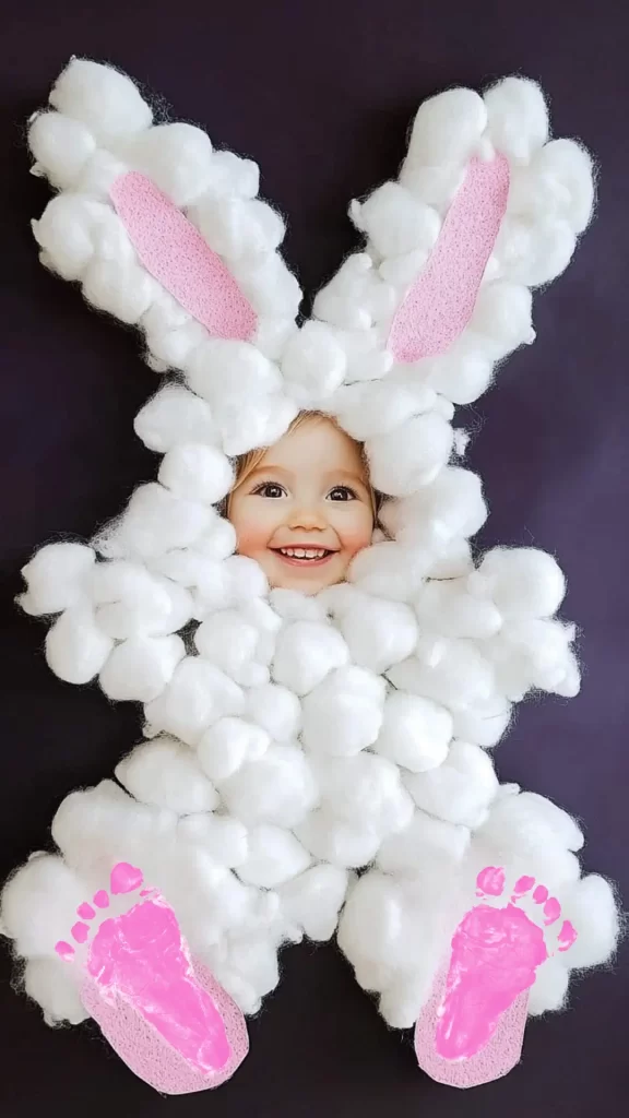 child's face in a cotton ball bunny Easter craft, with pink footprints