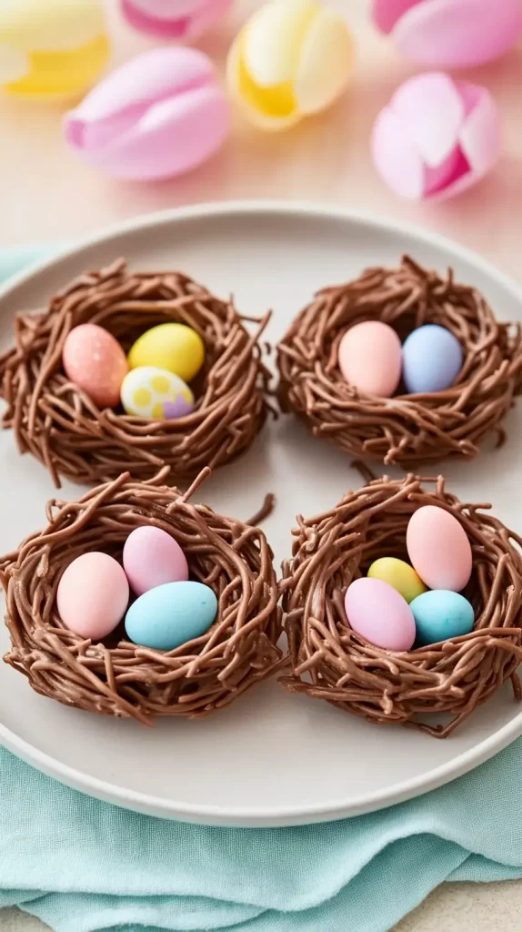 birds nest cookies, 4 of them on a plate