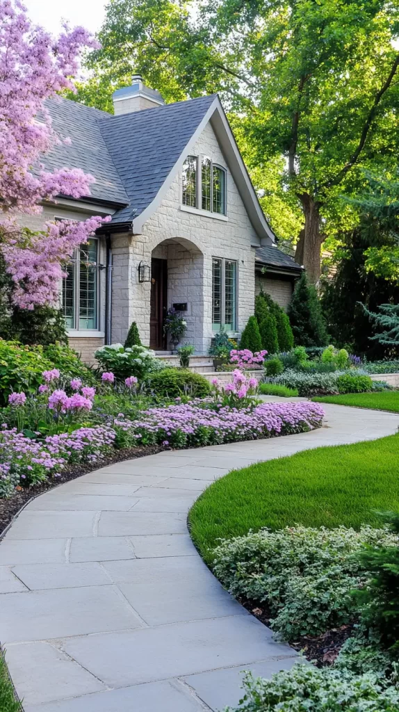 house with walkway, trees, and flowers