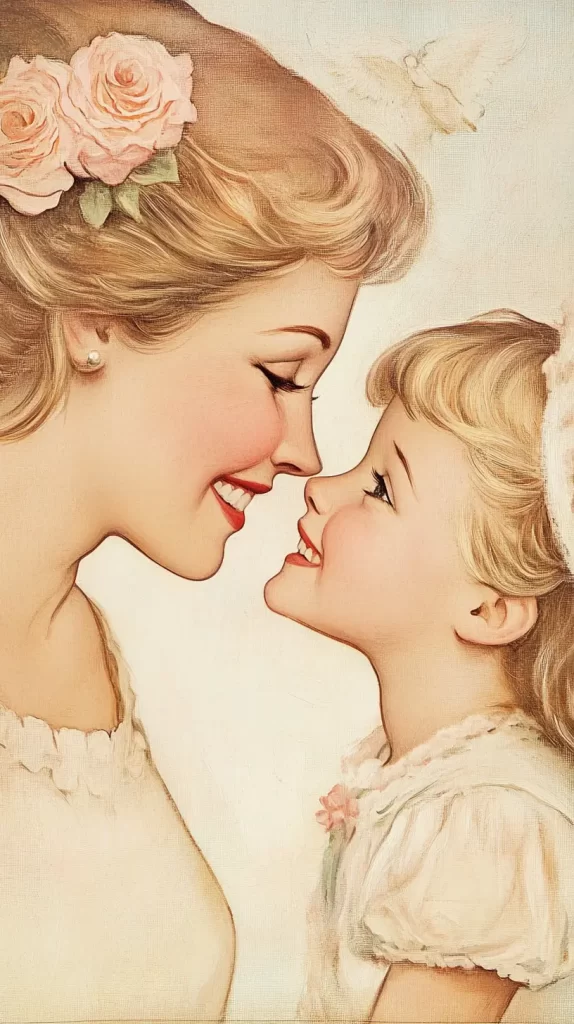 vintage drawing of a mom and daughter touching noses and smiling