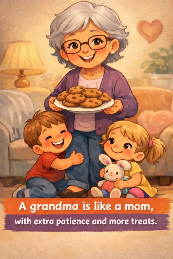 cute cartoon of grandma with two grandkids