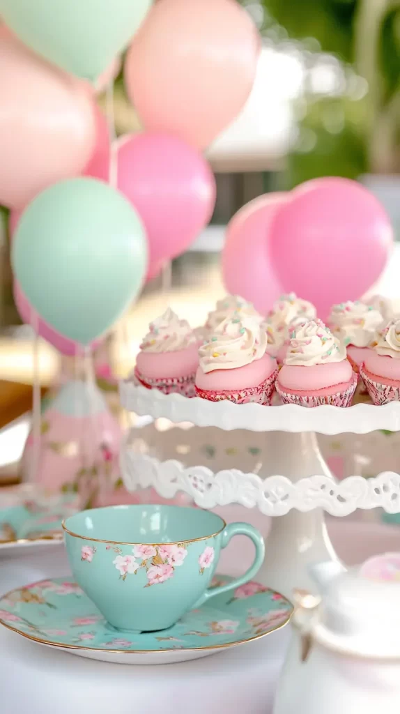 cupcakes with balloons, and a tea cup