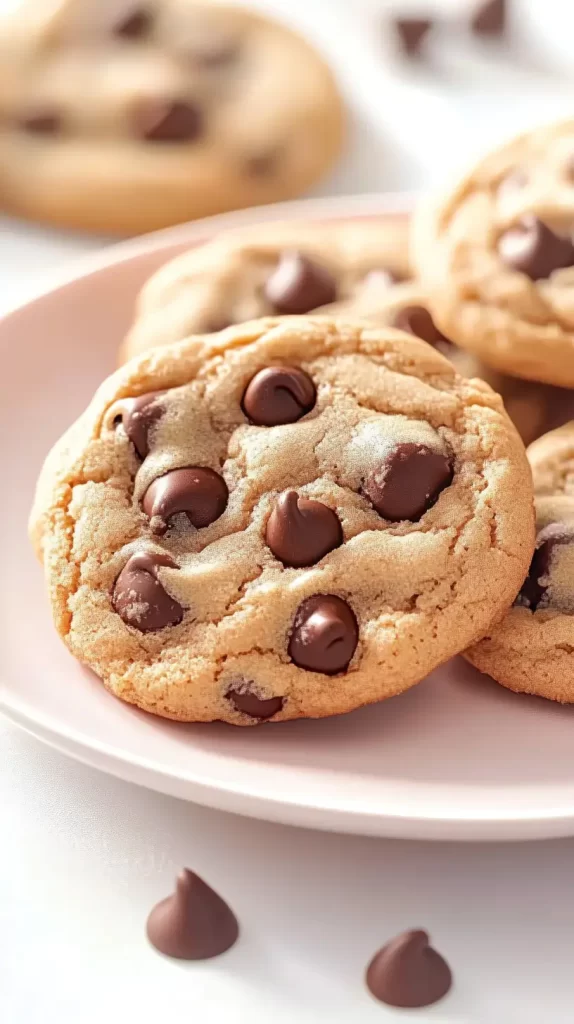 chocolate chip cookies recipe, cookies on a pink plate