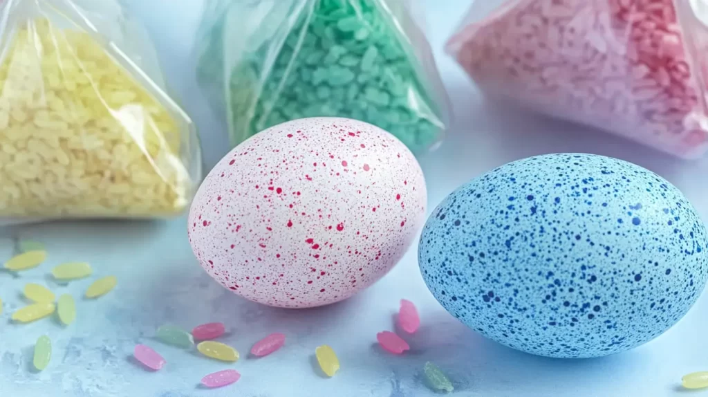 dyed eggs by colored rice in bags