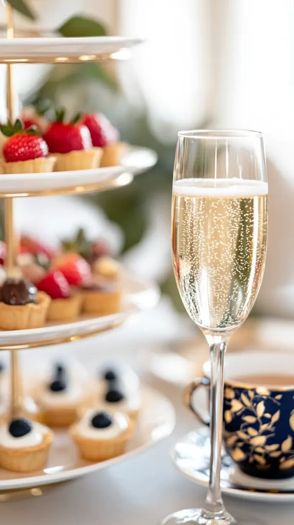 champagne in a tall glass, with tea cup and tier of trayed desserts