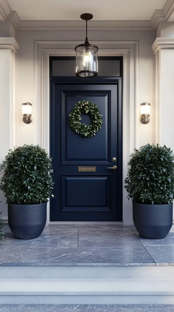 front door in navy, two planters on the side