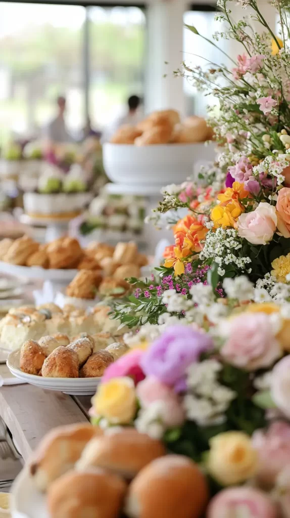 buffet with flowers near the food platters