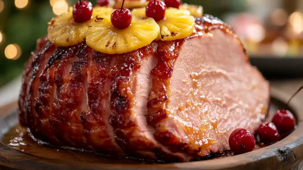 pineapple glaze on a sliced spiral ham