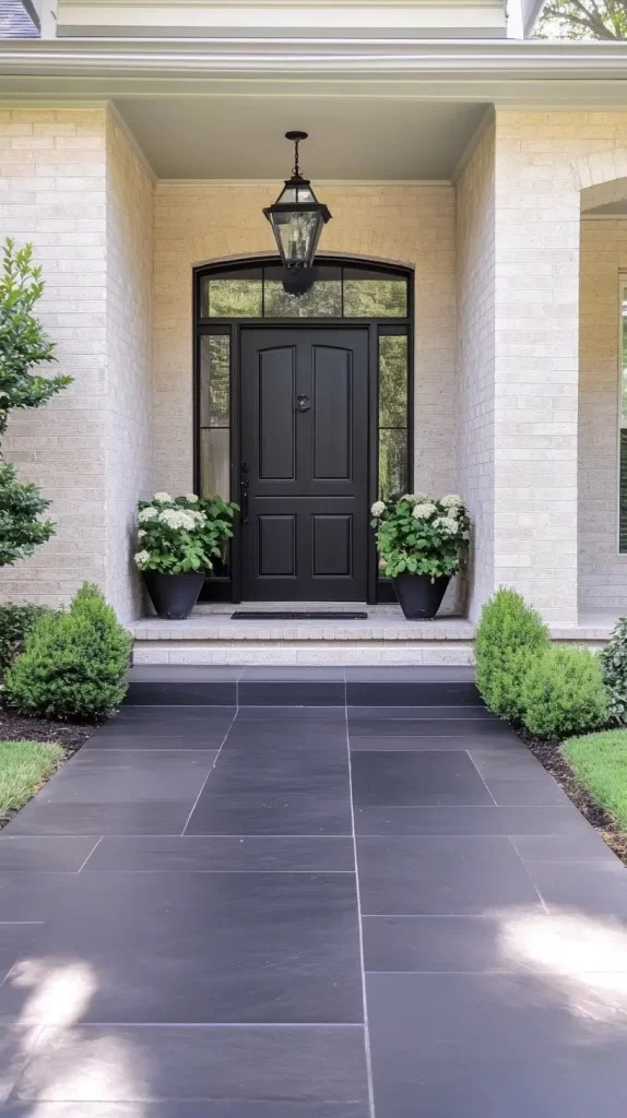 dark front porch door with a potted plant on either side