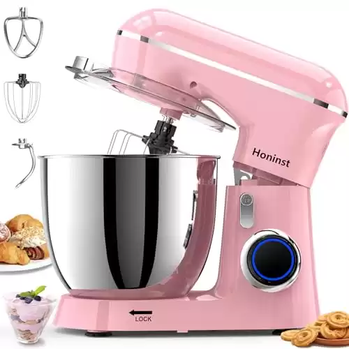 Honinst Stand Mixer, 6.5QT 10-Speed Tilt-Head Electric Stand Mixer, 3-In-1 Kitchen Mixer with Bowl, Dough Hook, Whisk and Beater, Food Mixer for Baking, Cake and Most Home Cooks, Pink