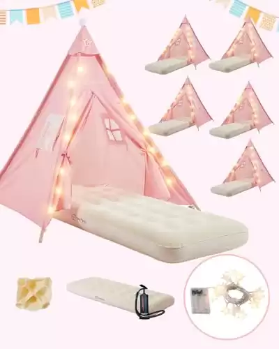 6 Pack Teepee Tent for Kids with Inflatable Airbed, Light, Toddler Tent Children Room Tent, Slumber Party