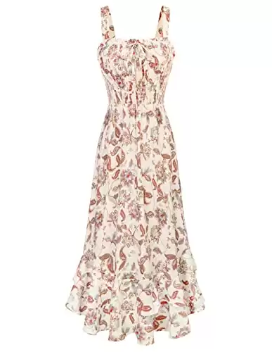 GRACE KARIN Women s Long Floral Print Dresses Spring Chiffon Boho Maxi Dress Trendy Flowy Dresses Summer Casual Beige M