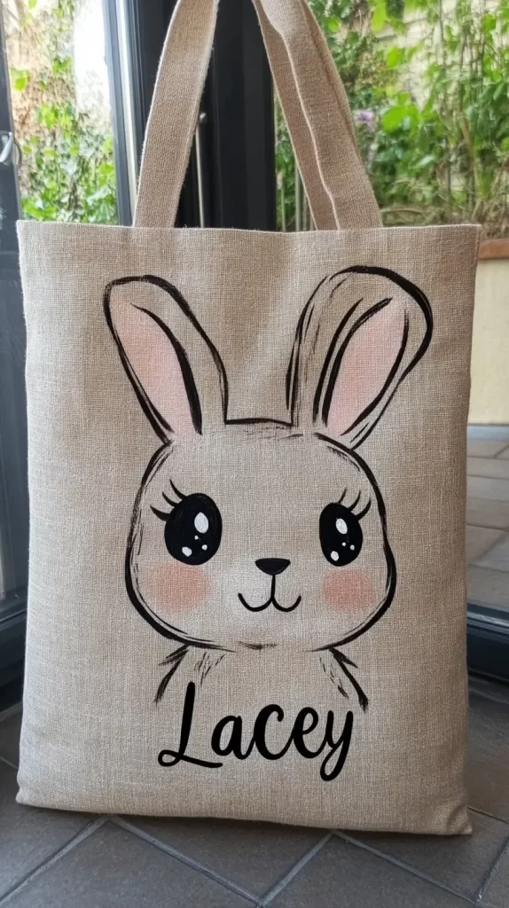 personalized canvas bag, Easter bunny, name Lacey, Easter crafts