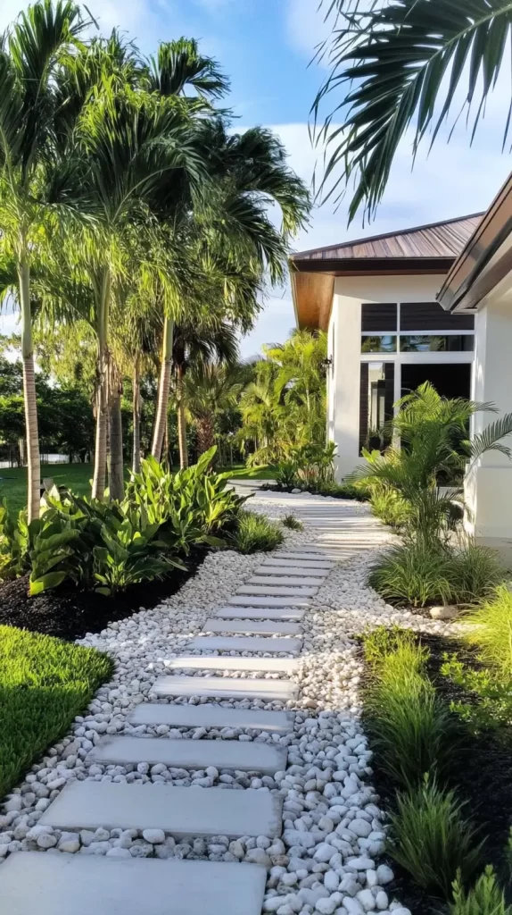 rocks leading up a front path with stepping stones, trees, 