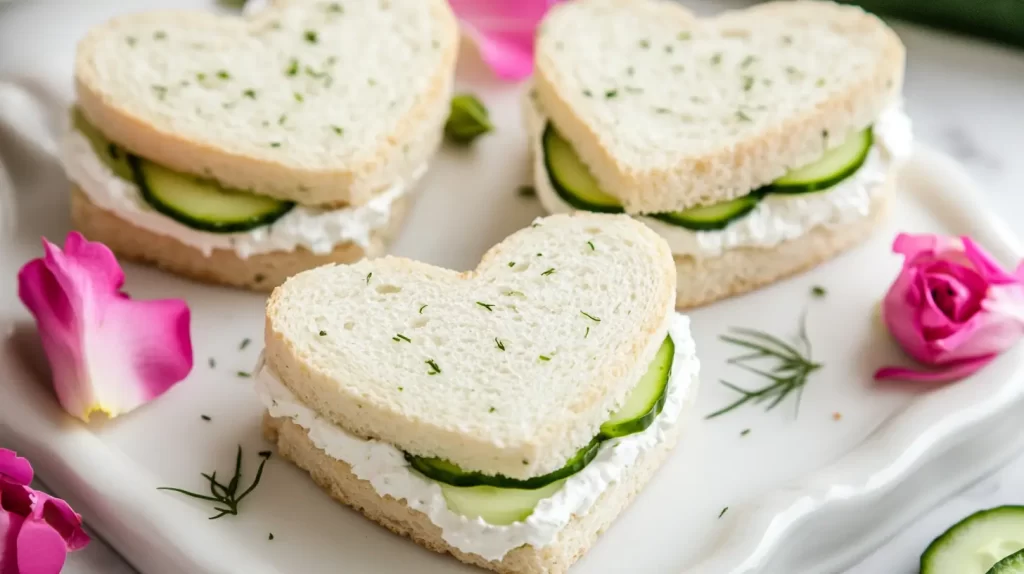 cucumber and cream cheese heart-shaped sandwiches