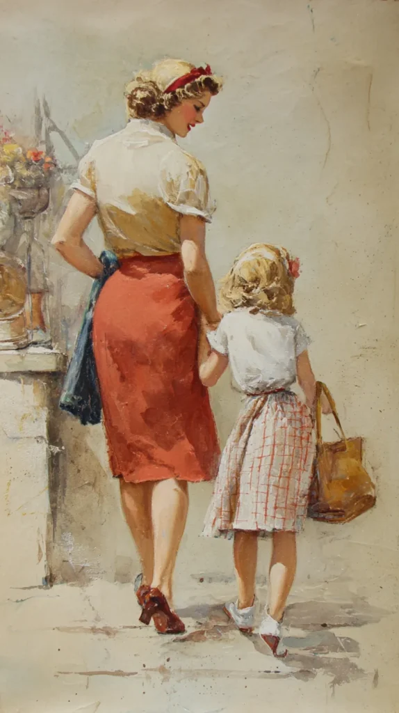 vintage drawing of mother and daughter walking on the street