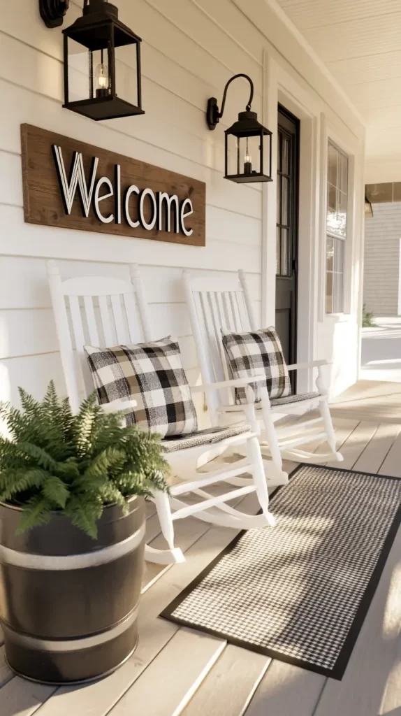 farmhouse rocking chairs and welcome sign