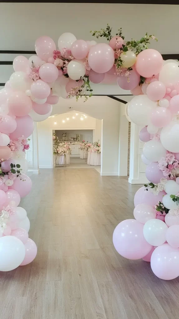 balloon arch leading into a party room