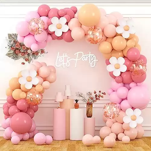 Daisy Balloon Garland Pink Blush Pastel Orange White Balloons with Flower Clips Rose Gold Confetti Balloon Arch Kit