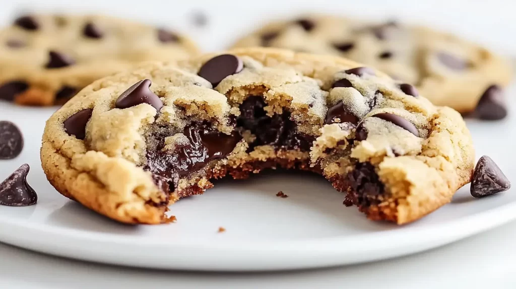 bite of a cookie taken out, cookies on a plate, chocolate chip cookies recipe