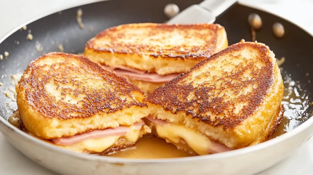 3 sandwiches in a pan on the stove