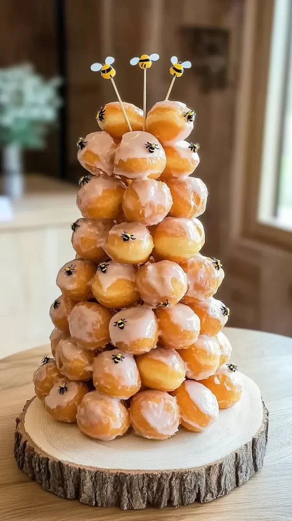 donut tower with bees as decorations