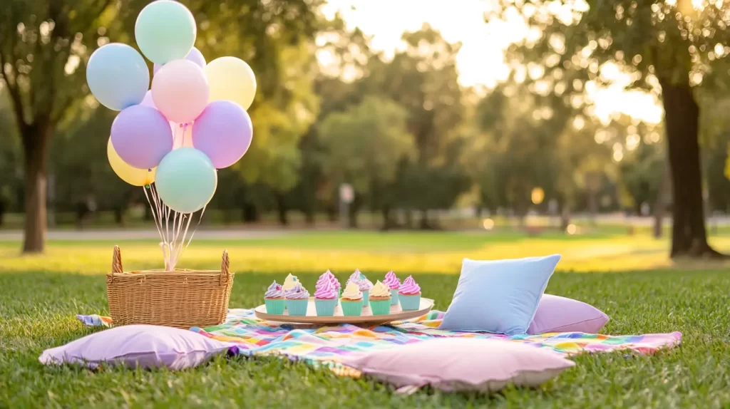 picnic in the park with pastel balloons and cupcakes