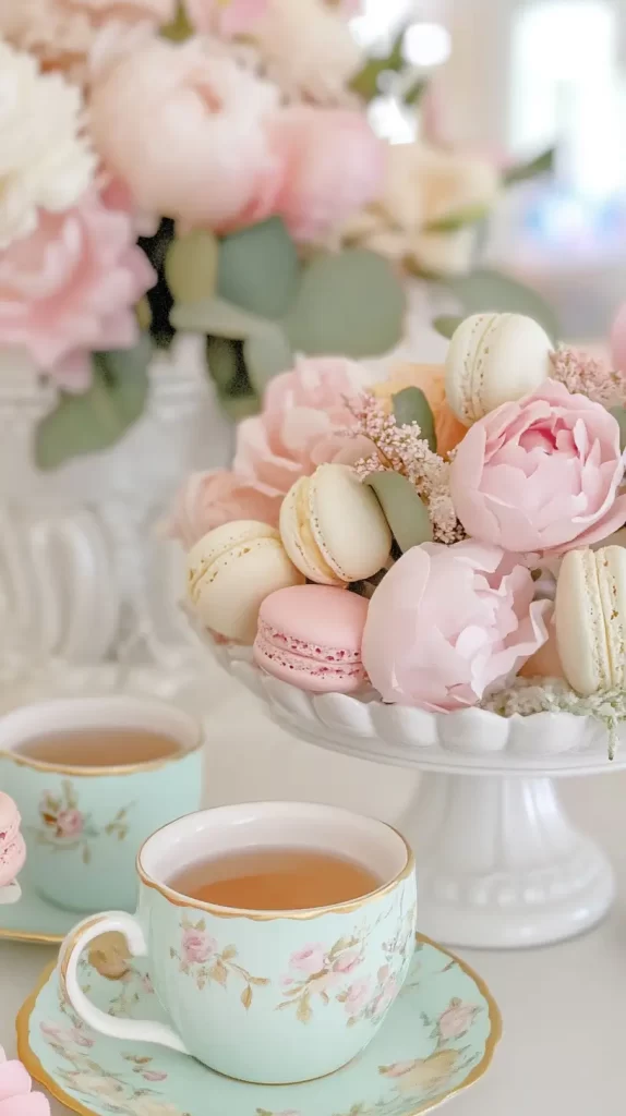 tea cups full of tea, with macaroons displayed on  a cake stand with flowers