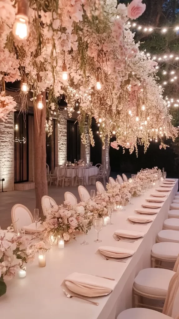 formal dining table with flowers on the ceiling