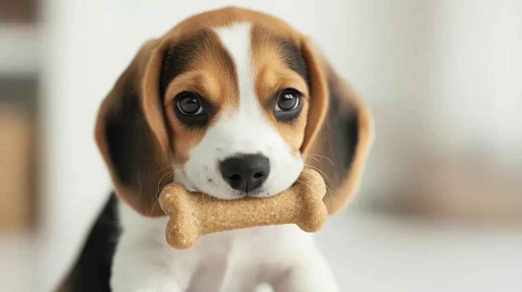 beagle with dog treat bone in mouth