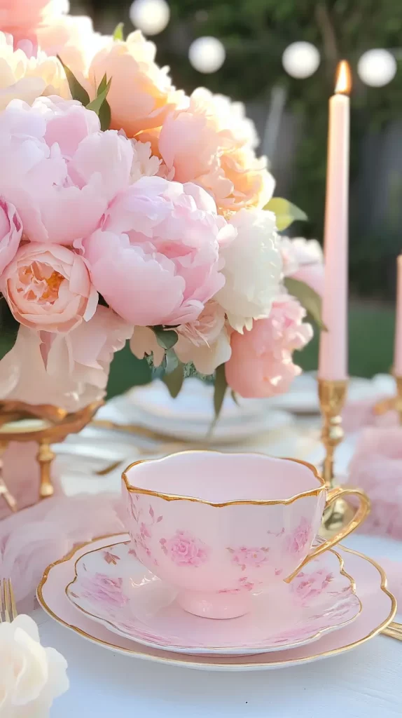 tea party table with tea cup, candle and flowers