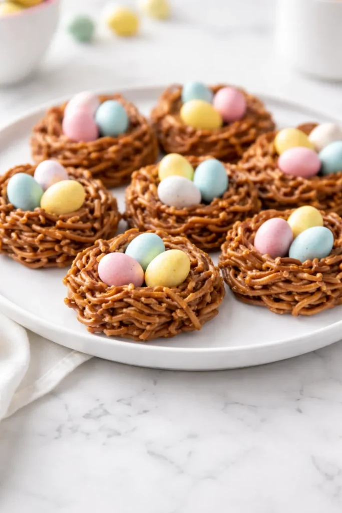a small batch of birds nest cookies arranged on a white ceramic plate on a white marble kitchen countertop, each cookie made with golden crunchy chow mein noodles coated in smooth milk chocolate and butterscotch, shaped into neat little nests and filled with three pastel candy eggs in soft pink, blue, yellow, and speckled white, realistic texture, clean edges, bright spring dessert styling